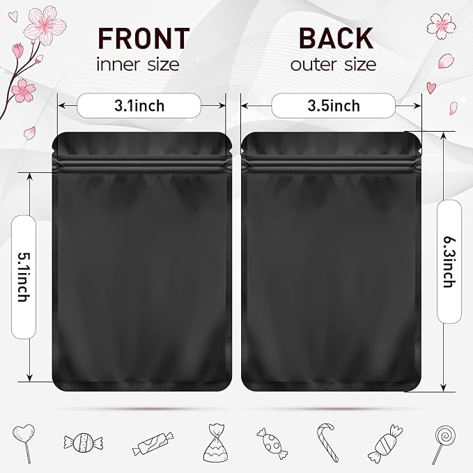 Funfery 100 Pack Black Mylar Packaging Bags Resealable Bags Double Sided Color Odor Proof Pouch Baggies Smell Proof Foil Bag for Food Storage,Small Business(Black,3.5x6.3inch)
