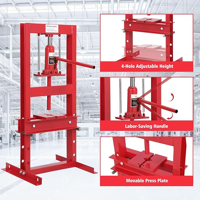 6 Ton Hydraulic Shop Press, H-Frame Garage Floor Adjustable Shop Bearing Press with Stamping Plates to Bend, Straighten, Or Press Parts, Install Bearings & U-Joints