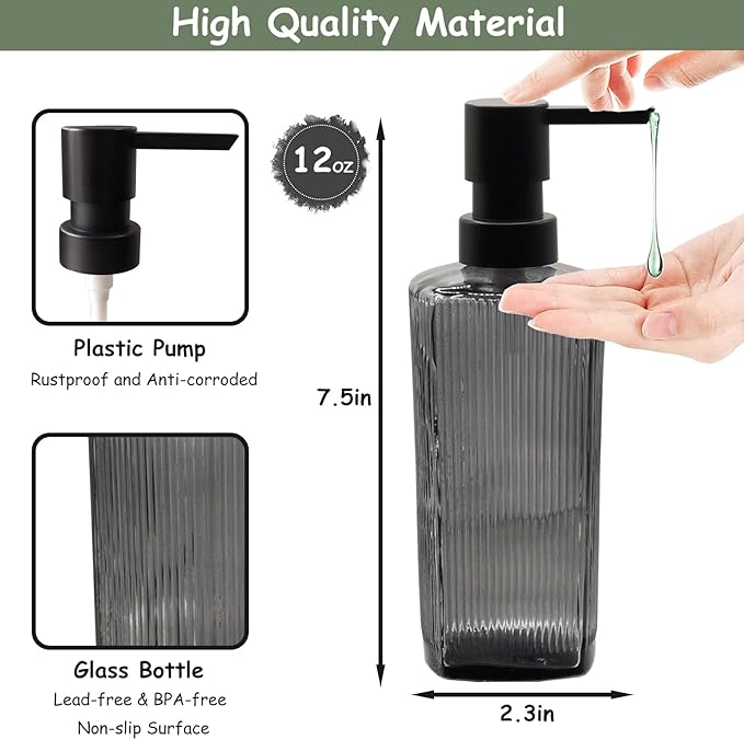 Gray Glass Soap Dispenser Set with Black Pump, 12oz Refillable Liquid Hand Dispenser, Lotion Dish Soap Dispenser for Modern Home Decor, Bathroom, Kitchen Countertop, Hotel(2 Pack)
