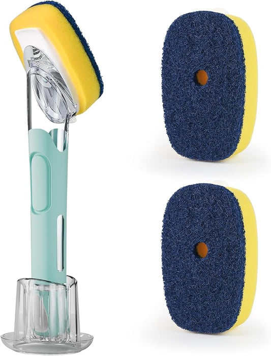 Dish Brush with Soap Dispenser Storage Set with 2 PCS Sponge Refills & Holder, Soap Dispensing Dish Brushes, Sponge with Soap Dispenser Handle, Dish Sponges with Handle for Dishes Pans Pots Sink