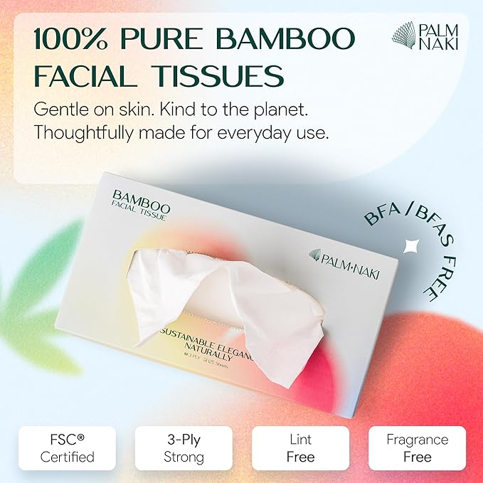 100% Bamboo Facial Tissue | 3-Ply Strong | Lint-Free, Fragrance-Free | Gentle for Sensitive Skin | BPA & PFAS-Free, FSC Certified | 18 Boxes (125 Sheets/Box) | PALM NAKI