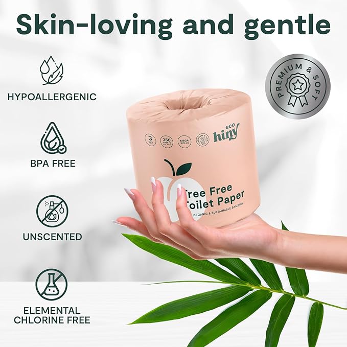 ecoHiny Premium & Soft Bamboo Toilet Paper | PFAS Free | 6 Mega Rolls, 3 ply & 350 Sheets | Non Toxic, FSC Certified, Septic Safe, BPA Free | Tree Free Toilet Tissue | Plastic Free Packaging