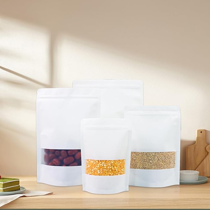 50Pcs 8"X12" White Kraft Paper Bags with Window,Reusable Zip Lock Stand Up Pouches for Food Storage，Resealable Packaging Bags for Small Business,Coffee,Candy,Cookie,Snacks,Tea