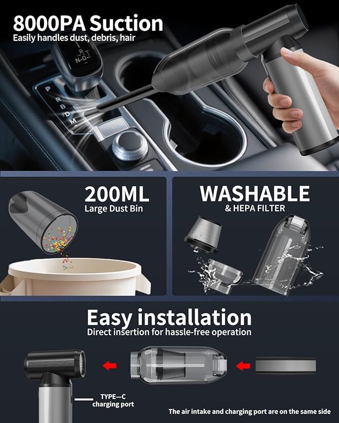 Compressed Air Duster, 2-in-1 Duster Blower & Vacuum with 320000RPM Super Power, Electric Air Duster Rechargeable, 3-Gear Adjustable Air Blower for Keyboard, Computer, Car, Home, and Outdoor Cleaning
