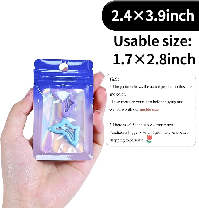 100 Pack Resealable Plastic Bags for Food Storage, Zipper Bags with Clear Front Window, Packaging Pouch for Small Business (Purple & Blue, 2.4x3.9 inch)