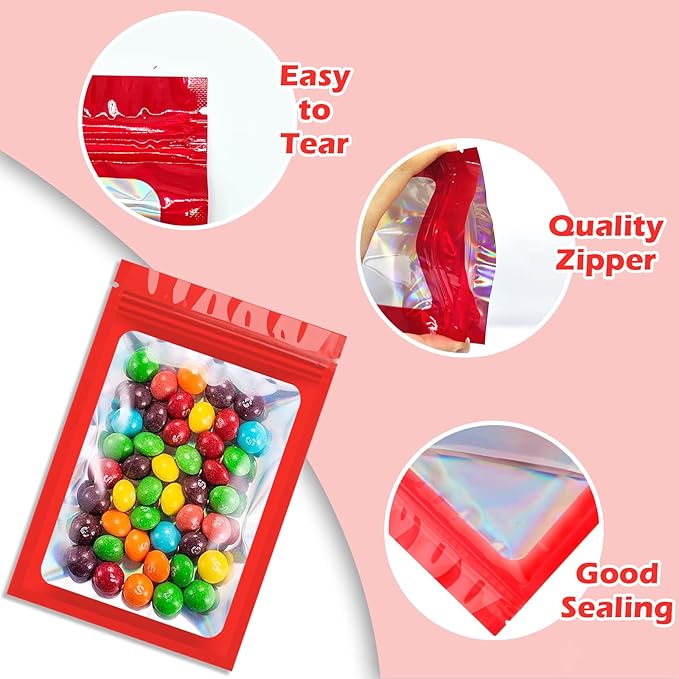 300 Pcs Holographic Mylar Bags, 3 Size Smell Proof Bags with Clear Window Foil Pouch Bags Resealable Bags for Small Business and Food Storage, Red