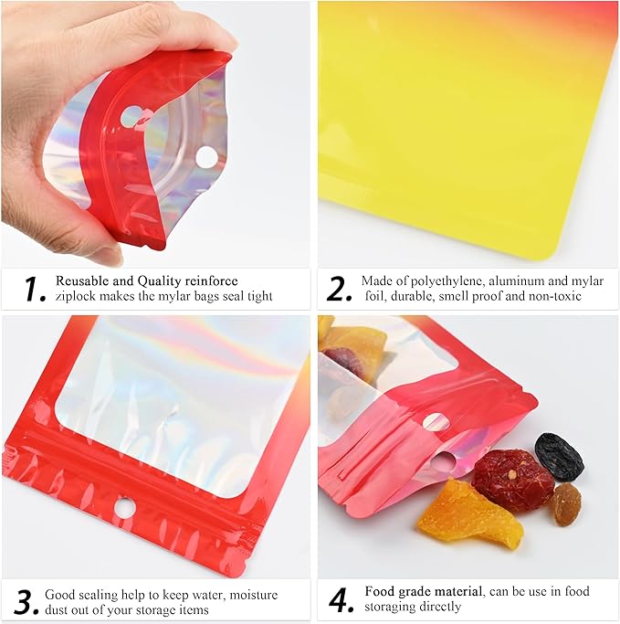 100 Pack Resealable Plastic Bags for Food Storage, Zipper Bags with Clear Front Window, Packaging Pouch for Small Business (Red & Yellow, 3.2x5.5 inch)