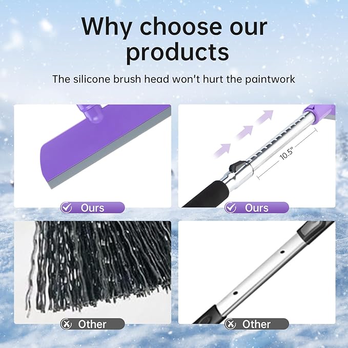 49.2inch Ice Scraper with Snow Brush, Ice Scrapers for Car Windshield,Extendable Snow Removal Tool for Car Window with Foam Grip,360° Silicone Brush Head for Car Auto Truck SUV (Purple)
