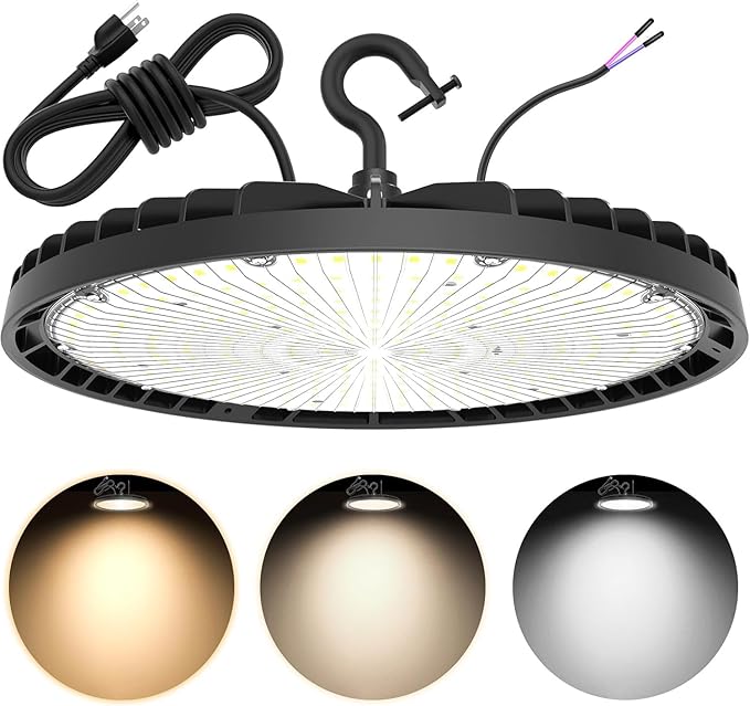 UFO LED High Bay Light 150W 120W 90W Adjustable High Bay LED Shop Lights 4500K 5000K 5700K Tunable 0-10V Dimmable for Warehouse Garage ETL DLC Listed AC100-277V