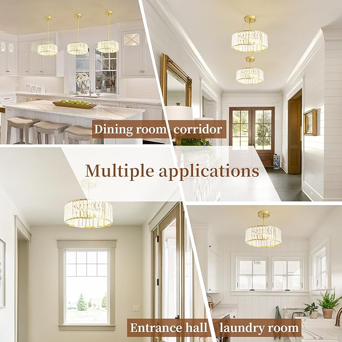 Small Gold Crystal Chandelier,Modern Dining Room Light Fixture Over Table,3-Ligh Round Kitchen Hallway Lighting Fixture, Semi Flush Mount Ceiling Pendant Light for Entryway Foyer, 12''