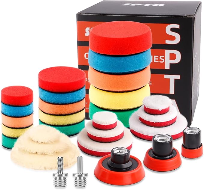 SPTA 29pcs Drill Buffing Pad Detail Polishing Pad Mix Size Kit with 5/8-11 Thread Backing pad & Adapters for Car Sanding, Polishing, Waxing, Sealing Glaze