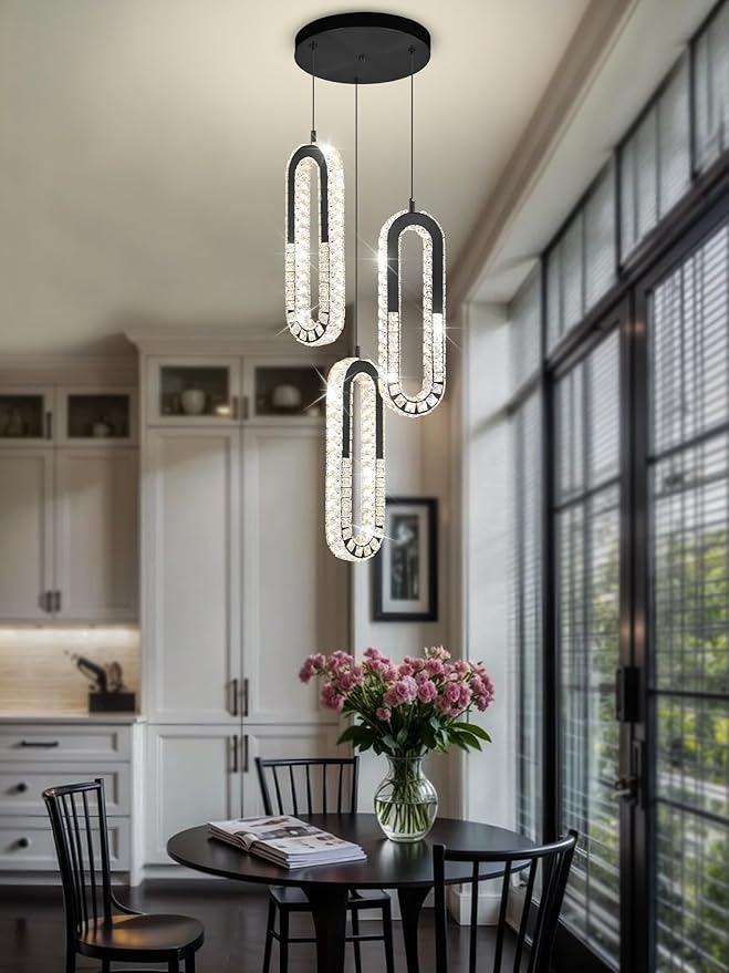 3-Light Pendant Lighting,Dining Room Chandelier Light Fixture Modern Hanging Chandeliers for Hallway Entryway Bedroom Kitchen Island (Black Crystal Chandelier)