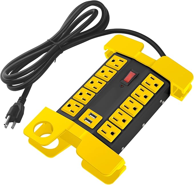 CCCEI Heavy Duty Power Strip with USB Ports, Garage 10 Outlets Surge Protector 2700 Joules, Industrial Workshop Metal 15Amp Multiple Outlets, 25 FT Extension Cord and Wide Spaced Black