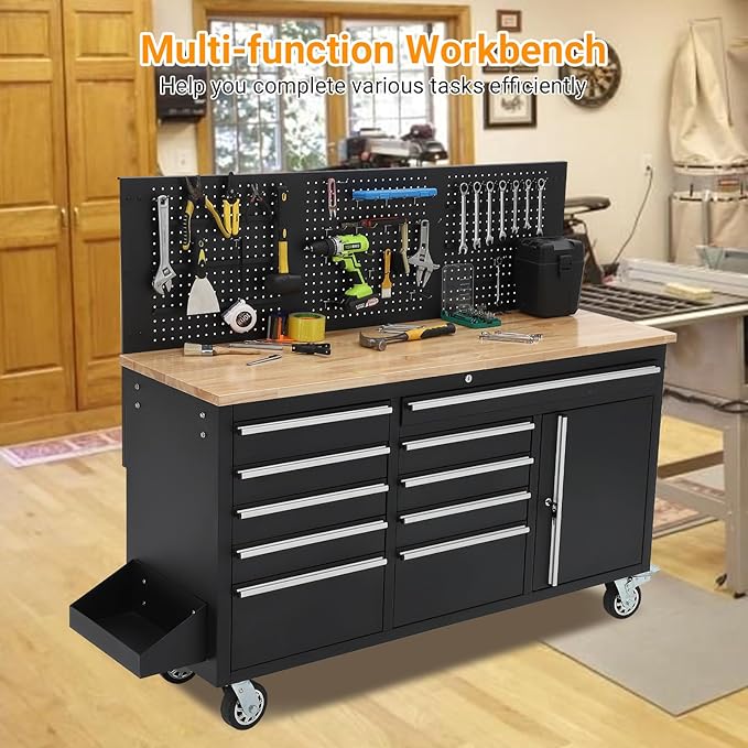 Heavy Duty 61 in Tool Chest Cabinet, Mobile Garage Workbench with 10 Drawers and Power Strip, Rubber Wood Worktop, 1675 LBS Load, Rolling Tool Storage Organizer for Mechanic, Shop or Home Use