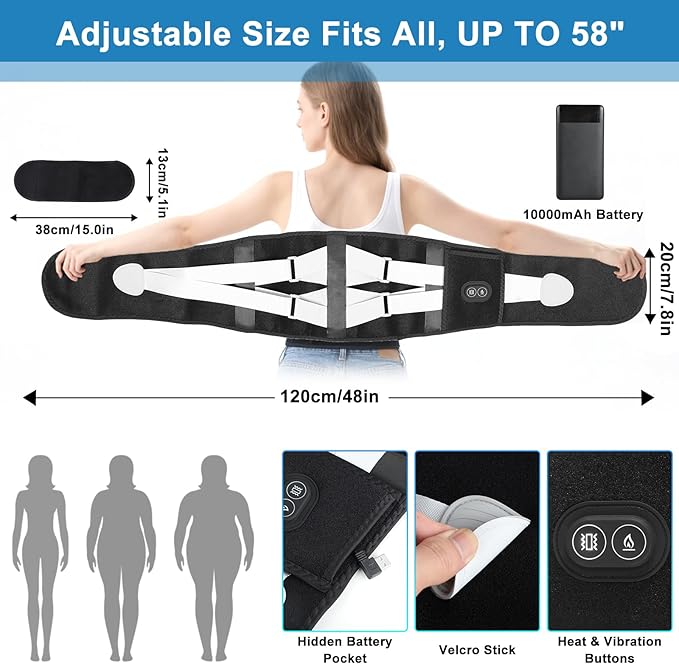 Cordless Heating Pad with Massager for Back Pain Relief, 10000mAh Quiet Lower Back Massager with 3 Heat 3 Vibration, Portable Heated Massage Pad Birthday Gifts for Dad Mom, Grey