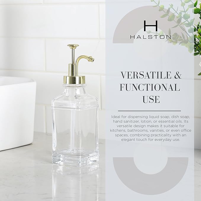 Clear Glass Soap Dispenser with Brushed Gold Finish Pump, Modern Refillable Pump for Bathroom, Kitchen, or Office, Elegant Accent Piece for Interior Decoration