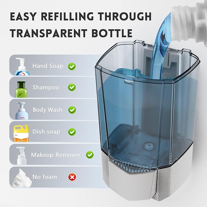 Hand Liquid Soap Dispenser Wall Mount 20floz（600ml）, Ideal for Commercial Bathrooms Restaurants Hotels, Use with Liquid Hand Soap Shampoo, ABS Sliver