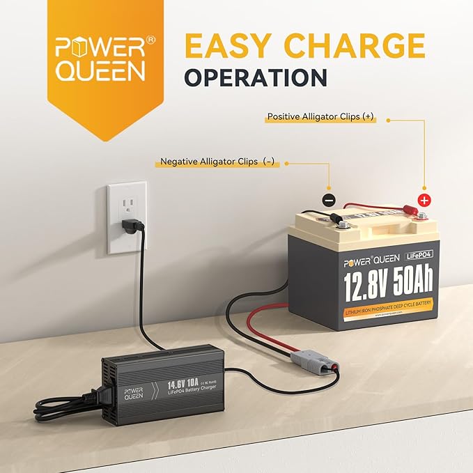 Power Queen 12.8V 50Ah LiFePO4 Battery with 14.6V 10A LiFePO4 Battery Charger, Built-in 50A BMS, 12V Lithium Deep Cycle Battery, 15000+ Cycles, Perfect for Kayak, RV, Trailer, Solar Application