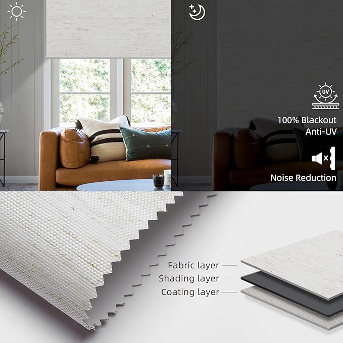 SmartWings Motorized Roller Shades Work with Homekit, 100% Blackout Smart Blinds for Windows, Cordless Remote Control Window Shades, Linen White, Customized Size