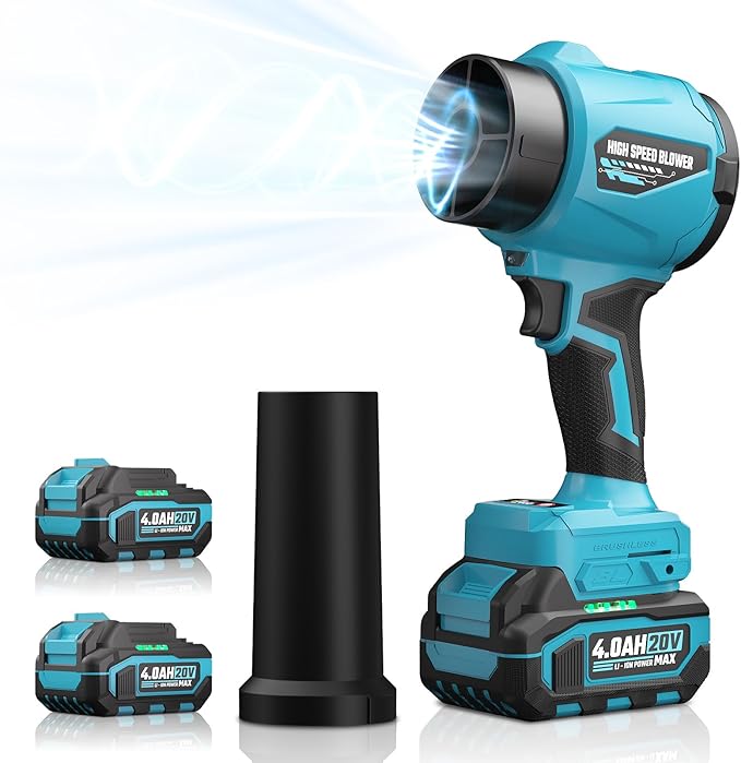 Leaf Blower with 2 X 4.0Ah Battery and Charger, 20V Cordless Blower for Lawn Care, & House Cleaning, 40,000 RPM Jet Blower, Extended Nozzle & Earbuds Included, Blue