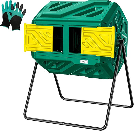 Compost Bin, Outdoor Composter, Fast Assembly 43 Gallon Dual Chamber Outdoor Compost Tumbler, Heavy Duty Tumbling Rotating Composter for Patio, Garden, Yard, Green, Easy Setup, Gloves Included