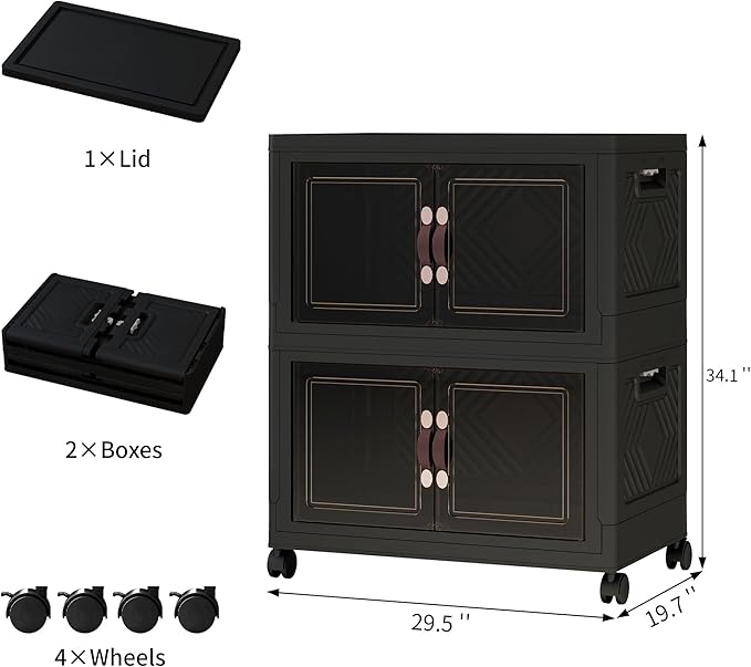 Storage Bins with Lids and Wheels, Collapsible Bathroom Storage Cabinet with Clear Doors, Plastic Stackable Closet Organizers and Storage Containers Black 314 QT