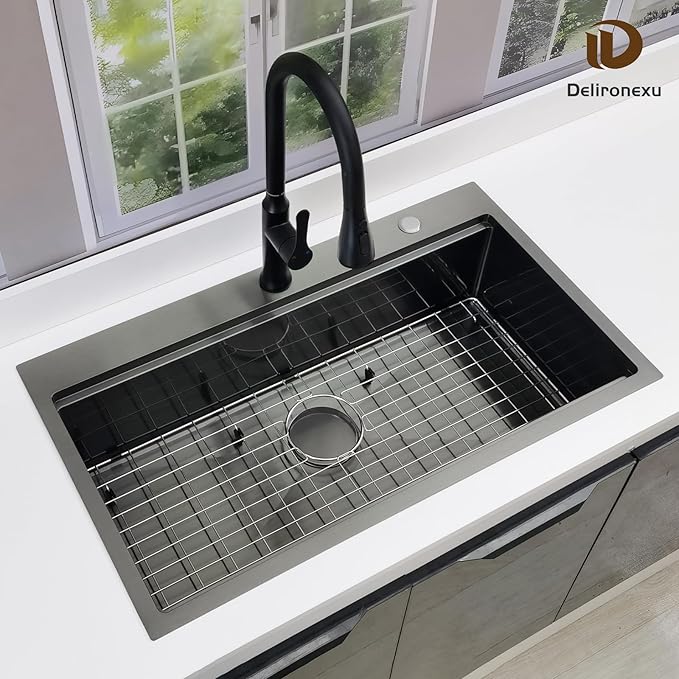 33x19 Black Kitchen Sink Drop In - 33 Inch Drop In Kitchen Sink Workstation, Black Stainless Steel Sinks, 16 Gauge Single Bowl Top Mount Workstation Sinks by Delironexu with 6 Accessories