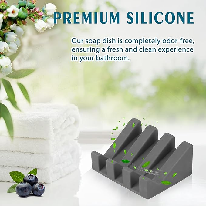 Silicone Soap Dish with Drain, Upgrade Double Suction Cups at The Bottom for Anti-Slip and Stability, Soap Dish Shower Waterfall Bar Soap Holder Tray with Drain Soap Holder (2, Grey)