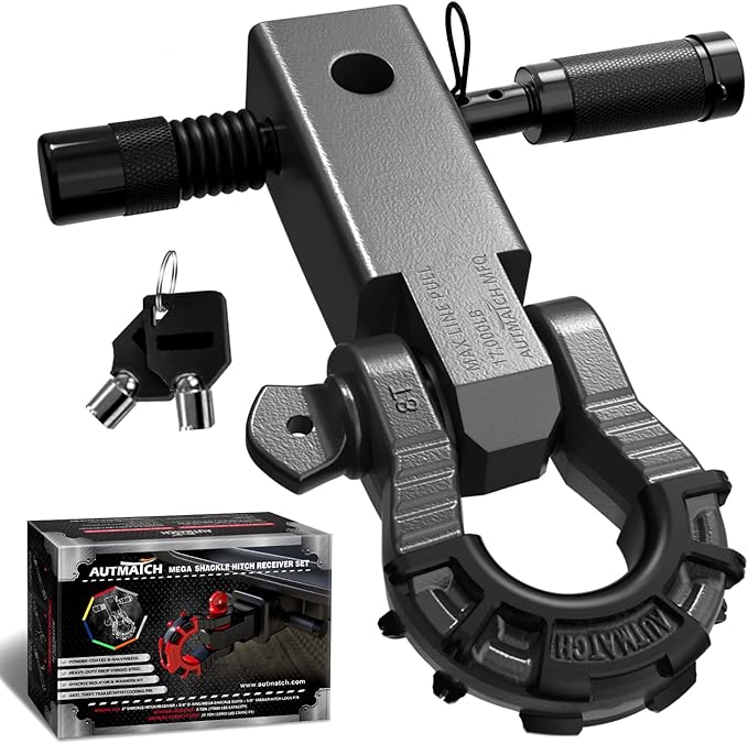 AUTMATCH Shackle Hitch Receiver 2" with 3/4" Mega D Ring Shackle and 5/8" Trailer Hitch Lock Pin, 68,000 Lbs Break Strength Heavy Duty Receiver Towing Kit for Off-Road Vehicle Recovery, Gunmetal Gray