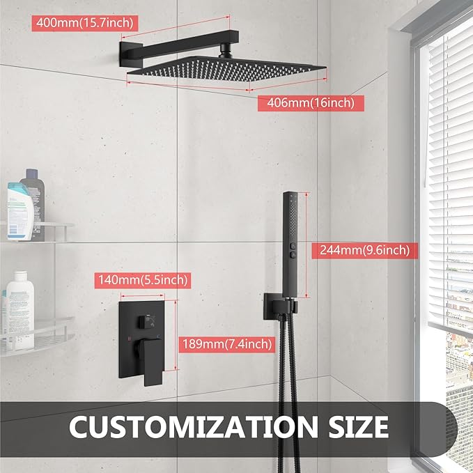 Shower Faucet Set Rainfall Shower System with Square Showerhead and Handle Set Fixture with 2 in 1 Function Handheld Sprayer Wall Mounted Trim Repair Kit Rough-in Valve 16 Inch Matte Black