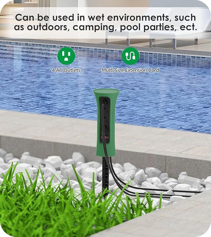 CCCEI Outdoor Power Strip Weatherproof with Stake, Waterproof Extension Cord with Multiple Outlets, Christmas Exterior Garden Decor, Yard, Camping, 4 Plugs, Surge Protector 15FT, Green.