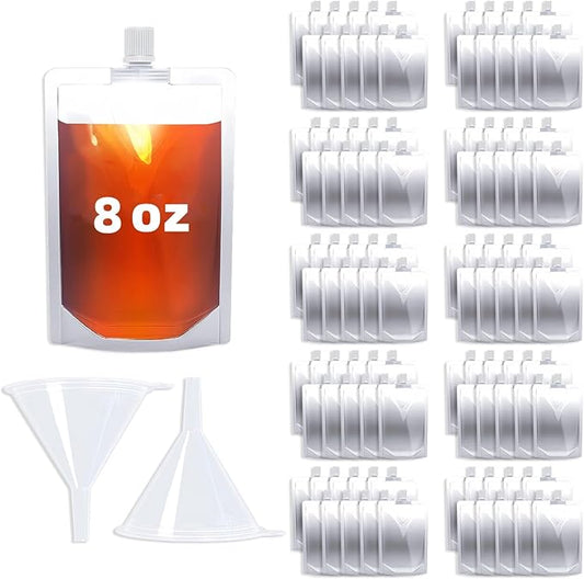 100PCS 8OZ Plastic Flasks,Reusable Drink Pouches with Funnel,Spouted Drinking Bags for Liquid Beverage Juice,Leak-Proof Food Grade for Travel Outdoor Sports Concert Cruise Events