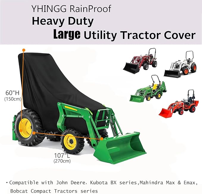 Tractor Cover Waterproof Compatible with Kubota,John Deere,Mahindra, Bobcat,Compact Utility Tractor Cowling Cover Heavy Duty Tractor Accessories Large (Large Cover)