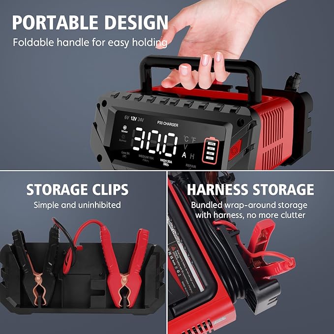 30 AMP Car Battery Charger, 6V/12V/24V Lead-Acid, Lithium, LiFePo4 Smart Battery Charger, Large Screen Trickle Charger, Fully Automatic Chargers and Maintainer for Car, Motorcycle, Lawn Mower