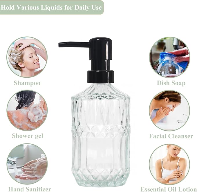 Clear Glass Soap Dispenser with Black Pump, 15oz Liquid Hand Dispenser, Refillable Lotion Dish Soap Dispenser for Modern Home Decor, Bathroom, Kitchen Countertop, Hotel