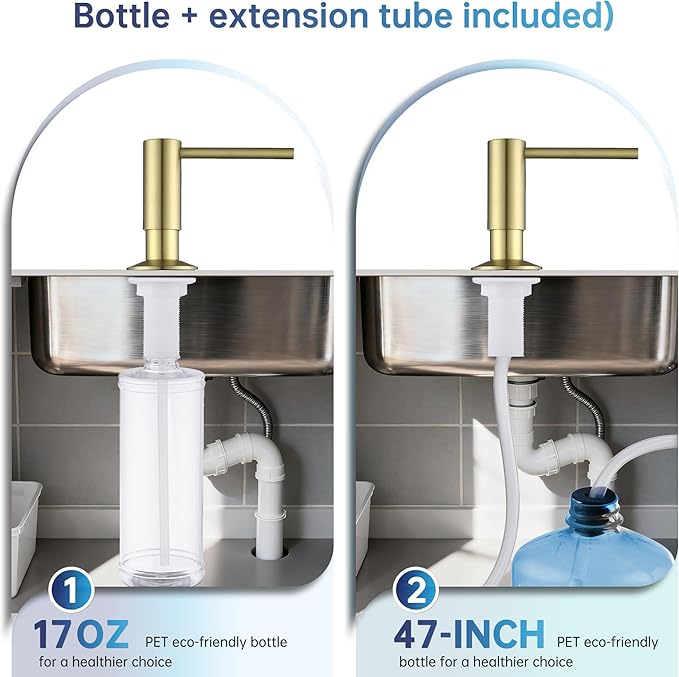 Avola Brushed Gold Kitchen Sink Soap Dispenser or Lotion Dispenser for Kitchen Sink, Brass Countertop Pump Dispenser with 47" Extension Tube Kit&17 OZ PET Bottle, Spot Free Gold Soap Dispensers