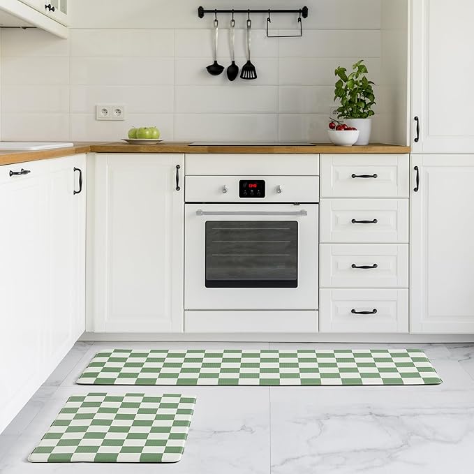 Checkered Kitchen Mats for Floor Set of 2, 2 Pcs Sage Green Cushioned Non Slip Runner Rugs for Kitchen/Sink/Laundry, Comfort Aesthetic Cute Anti-Fatigue Foam Floor Mat 17.3"x29.5"+17.3"x47.2"
