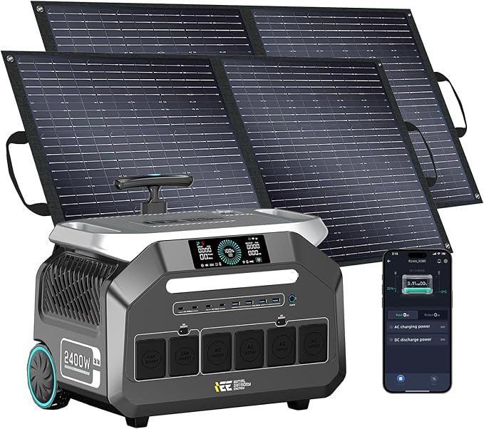 IEE 2400W (5000W Peak) Portable Power Station P2400 with 2x100W Solar Panels, 2048Wh Solar Generator, 1800W AC Charging, AC Outlets x 4, LiFePO4 Battery Power Station for Home Backup, RV, Emergencies