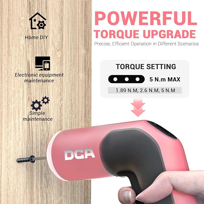 DCA 4V Electric Screwdriver Set, 5 N.m with 2000 mAh Li-ion Battery, 1/4" Magnetic Hex Chuck, USB-C Charging Cable, 18 Driver Bits for Furniture Repairs, Pink