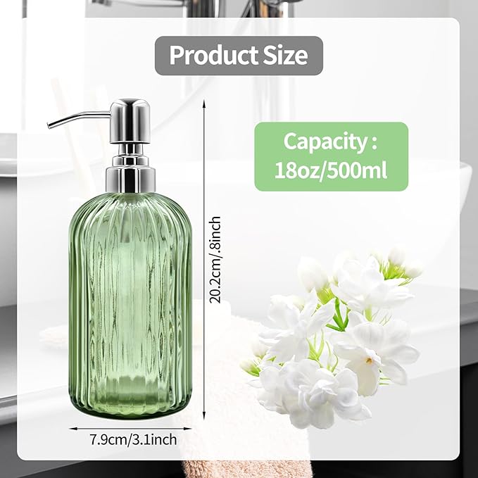 18 Oz Glass Soap Dispenser with Stainless Steel Pump, Modern Ribbed Design Refillable Liquid Soap Bottle for Bathroom, Kitchen, Hand Soap, Dish Soap, or Lotion (Light Green)