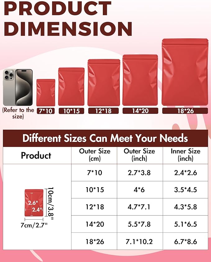 FireKylin 100 Pack Resealable Packaging Bags for Small Business Double-Sided Color Smell Proof Bags for Food Storage Flat Bags (Red, 2.7" x 3.8")