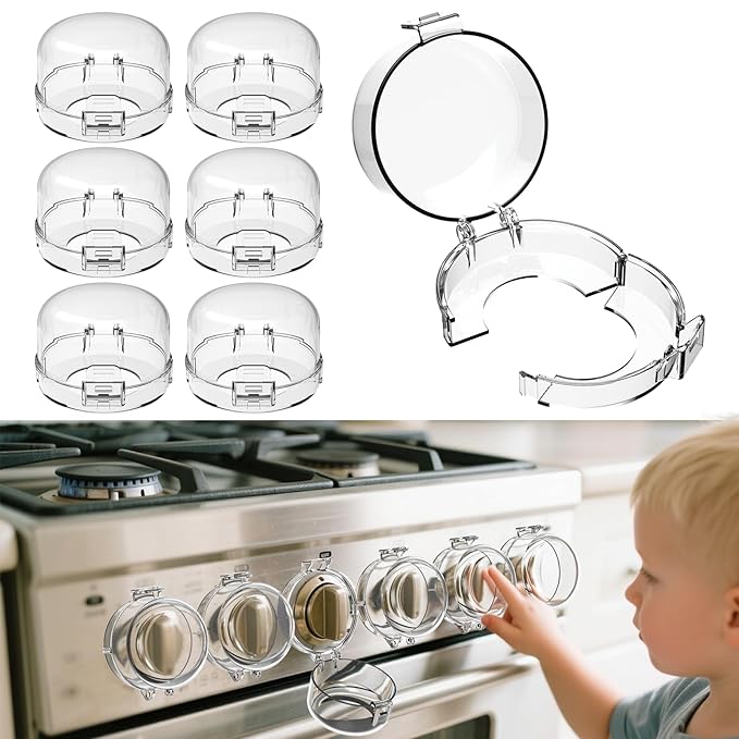 Stove knob Safety Covers for Child Upgraded Unlock Universal Size with Adult Two-Finger, Dual-Key Press Gas Stove Knob Locks Water Resistant Oil Resistant and High Temperature Resistant（6 Pack）