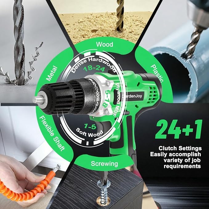 GardenJoy 20v Cordless Drill Set, Power Electric Kit Battery With Charger 30Nm 2-Speed 3/8" Keyless Chuck 24+1 Torque Drill Driver screwdriver Bits with LED Electric Work Light for MEN DIY
