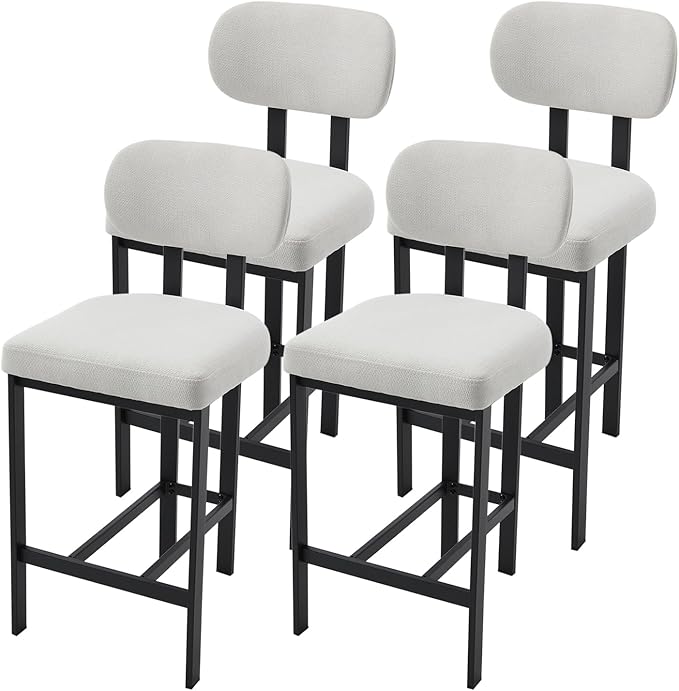 Modern Counter Stools Set of 4, 26" Upholstered Barstools with Back, Sturdy Black Metal Legs Dining Stools with Footrest for Home Pub Kitchen, Cream