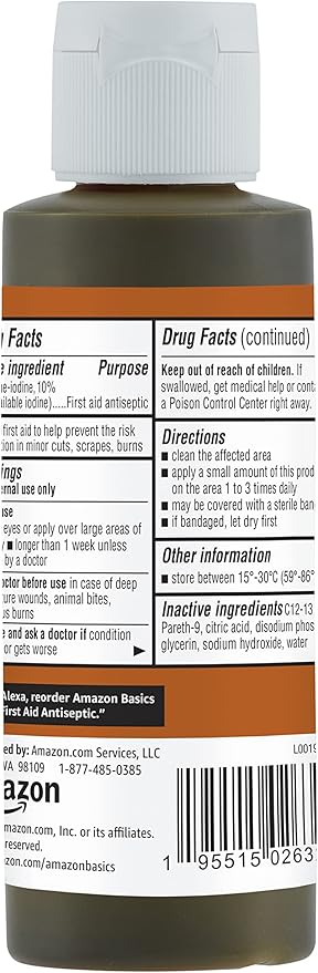 Amazon Basics First Aid Antiseptic, 10% Povidone Iodine Solution, 4 Fluid Ounces, 4-Pack (Previously Solimo)