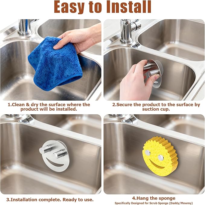 Stainless Steel Smiley Face Sponge Holders for Kitchen Sink, Rustproof Sink Sponge Holders Caddys Organizer with Suction Cup, Removable Sink Caddy for Kitchen 2Pcs
