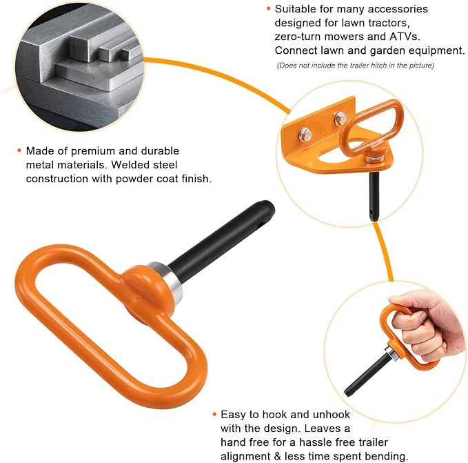 CZC AUTO 2 Pack Magnetic Hitch Pin 1/2" Lawn Mower Trailer Hitch Pins, Magnet Trailer Gate Pins for Simple One Handed Hook On & Off - Securely Hitch Lawn & Tow Behind Attachments, Orange