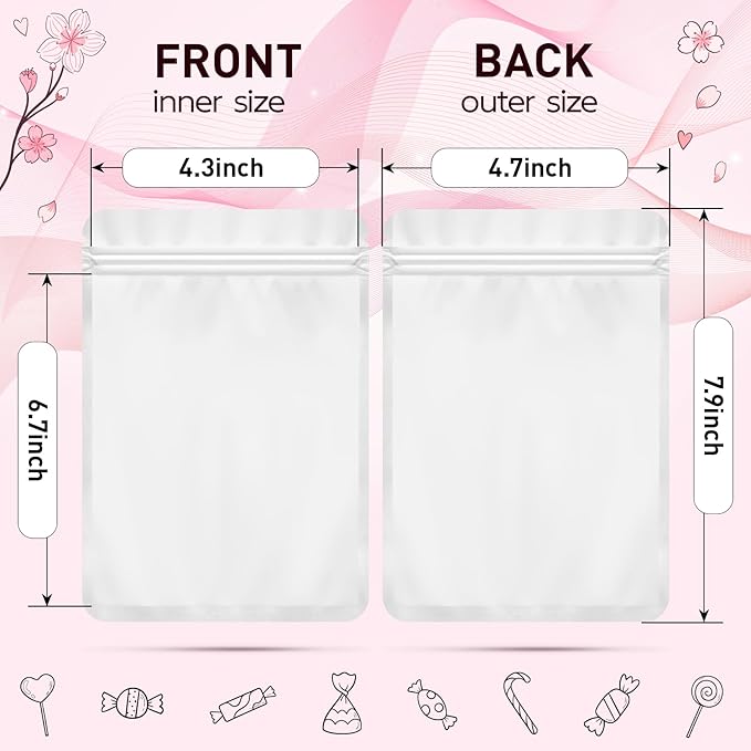 Funfery 100 Pack White Mylar Packaging Bags Resealable Bags Double Sided Color Odor Proof Pouch Baggies Smell Proof Foil Bag for Food Storage,Small Business(White,4.7x7.9inch)