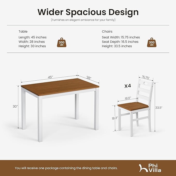 PHI VILLA Dining Table Set for 4, Classic Farmhouse Kitchen Table with 4 Chairs with Built-in Handle, Solid Wood Rectangle Dinner Table Set, American Walnut& White