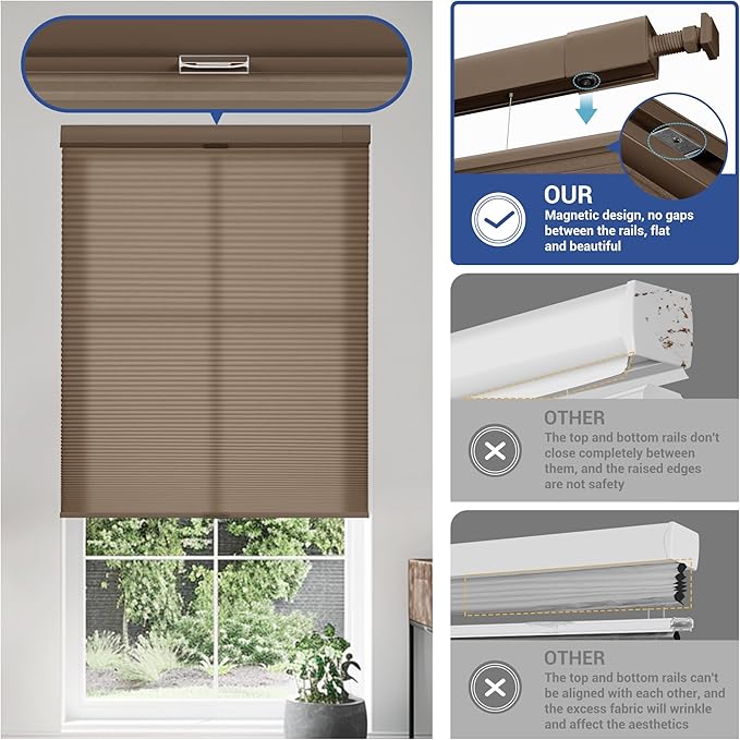 No Drill No Tools Cellular Shades Top Down Bottom Up Blackout Blinds for Windows Cordless Honeycomb Window Shades Easy to Install for Home, Light Filtering-Dark Brown, Customized Size